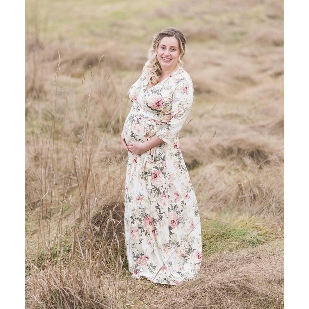 PINKBLUSH Dress Maxi Cream Pink Floral Faux Wrap Long Maternity Dress Size XL